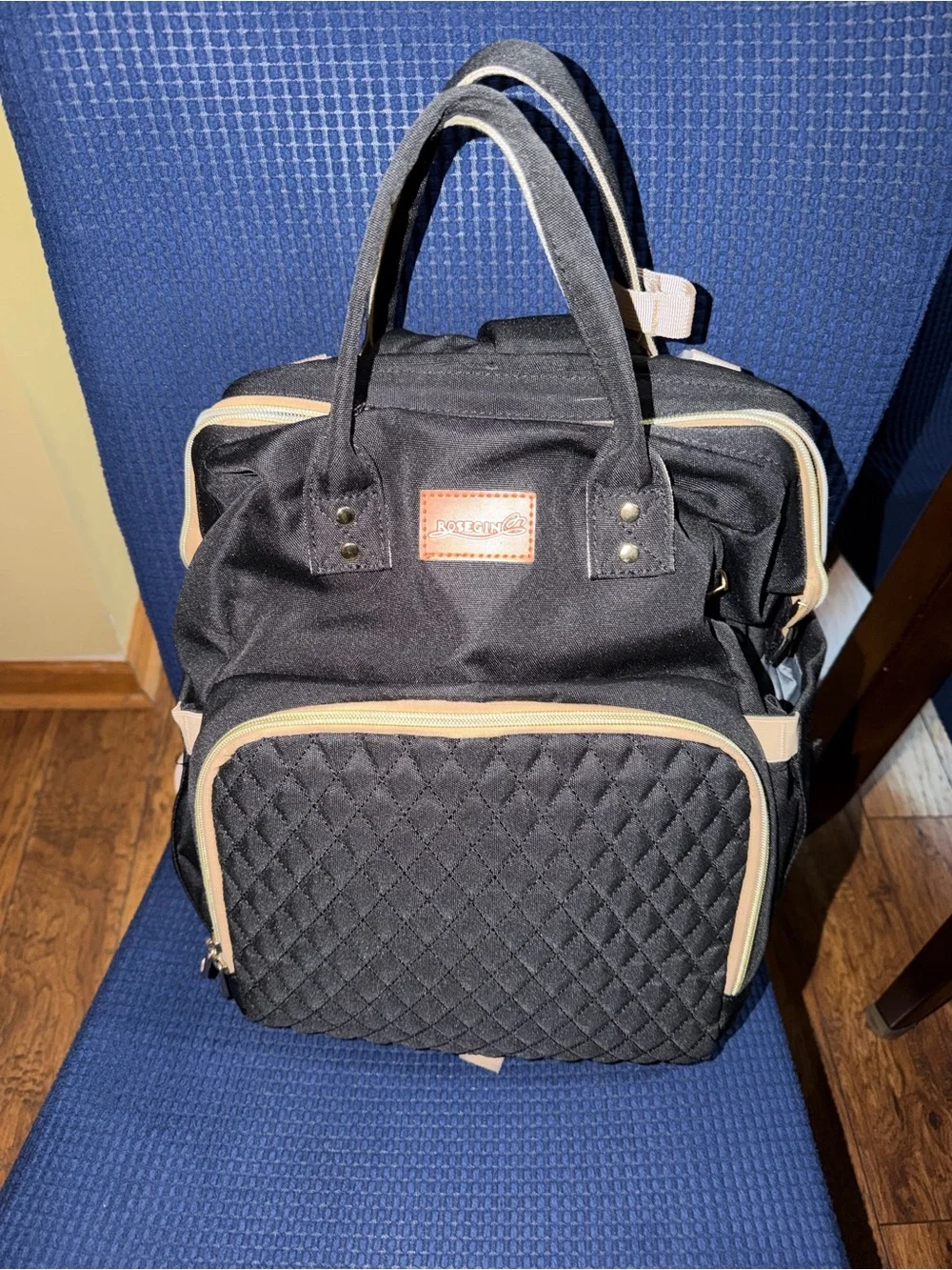 ROSEGIN Black Quilted Multi-functional Diaper Bag Backpack